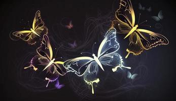 Night glowing butterflies on dark abstract background, Generate Ai photo