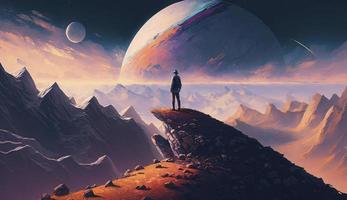 illustration painting of man on top of mountain looking at another new planet, Generate Ai photo