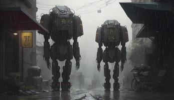 illustration painting of Robots back view on the streets of an abandoned futuristic city on a rainy day., digital art style, Generate Ai photo