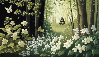 Forest glade with lots of white spring flowers and butterflies on a sunny day, Generate Ai photo