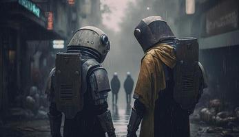 illustration painting of Robots back view on the streets of an abandoned futuristic city on a rainy day., digital art style, Generate Ai photo