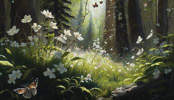 Forest glade with lots of white spring flowers and butterflies on a sunny day, Generate Ai photo
