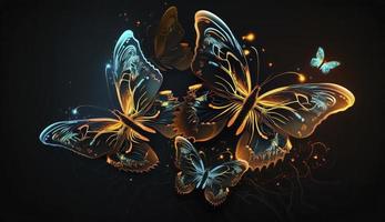 Night glowing butterflies on dark abstract background, Generate Ai photo