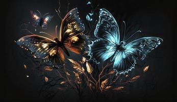 Night glowing butterflies on dark abstract background, Generate Ai photo