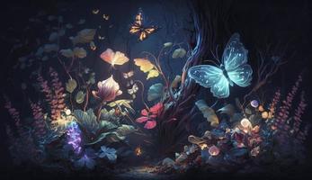 Fairy forest at night, fantasy glowing flowers, butterfly and lights, Generate Ai photo