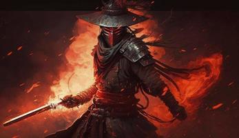 un samurai en un demoníaco rojo máscara en el campo de batalla hace un columpio con un katana creando un candente fuego anillo alrededor, él es un místico marcial. ilustración cuadro, generar ai foto