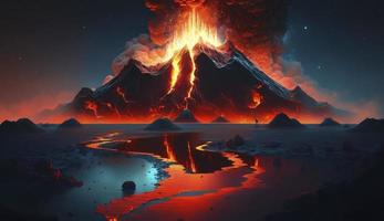 ilustración pintura de noche paisaje con volcán y ardiente lava. volcán erupción, fantasía paisaje. 3d ilustración, generar ai foto