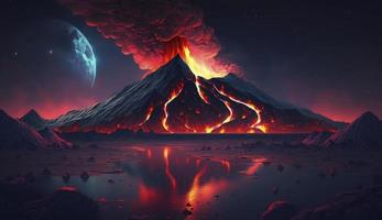 ilustración pintura de noche paisaje con volcán y ardiente lava. volcán erupción, fantasía paisaje. 3d ilustración, generar ai foto