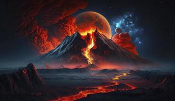 ilustración pintura de noche paisaje con volcán y ardiente lava. volcán erupción, fantasía paisaje. 3d ilustración, generar ai foto