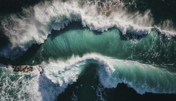 Spectacular aerial top view background photo of ocean sea water white wave splashing in the deep sea. Drone photo backdrop of sea wave in bird eye waves, Generate Ai