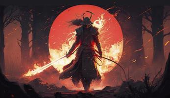 un samurai en un demoníaco rojo máscara en el campo de batalla hace un columpio con un katana creando un candente fuego anillo alrededor, él es un místico marcial. ilustración cuadro, generar ai foto