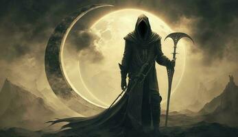 illustration painting of the Death as know as Grim Reaper holding the scythe against the eclipse on the background, digital art style, Generate Ai photo
