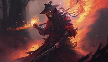 un samurai en un demoníaco rojo máscara en el campo de batalla hace un columpio con un katana creando un candente fuego anillo alrededor, él es un místico marcial. ilustración cuadro, generar ai foto