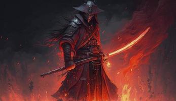 un samurai en un demoníaco rojo máscara en el campo de batalla hace un columpio con un katana creando un candente fuego anillo alrededor, él es un místico marcial. ilustración cuadro, generar ai foto