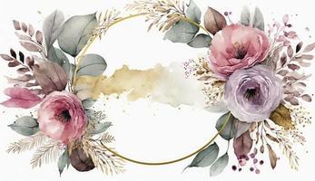 Watercolor floral illustration set - bouquets, frame, border. flowers, rose, peony, leaf branches collection. Wedding invites, wallpapers, fashion. Eucalyptus olive leaves chamomile, Generate Ai photo