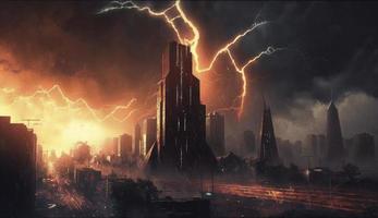 illustration painting of red thunder cityscape, the burning city, digital art style, digital painting, Generate Ai photo