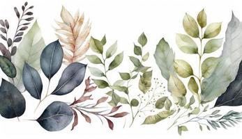 Watercolor seamless border - illustration with green gold leaves and branches, for wedding stationary, greetings, wallpapers, fashion, backgrounds, textures, DIY, wrappers, cards, Generate Ai photo