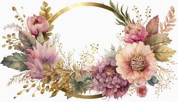 Watercolor floral illustration set - bouquets, frame, border. flowers, rose, peony, leaf branches collection. Wedding invites, wallpapers, fashion. Eucalyptus olive leaves chamomile, Generate Ai photo