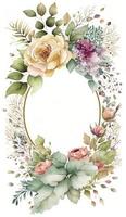 Watercolor floral illustration set - bouquets, frame, border. flowers, rose, peony, leaf branches collection. Wedding invites, wallpapers, fashion. Eucalyptus olive leaves chamomile, Generate Ai photo