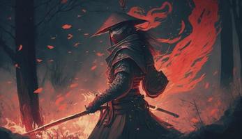 un samurai en un demoníaco rojo máscara en el campo de batalla hace un columpio con un katana creando un candente fuego anillo alrededor, él es un místico marcial. ilustración cuadro, generar ai foto