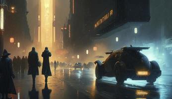 un escena desde un Ciencias ficción película, me gusta espada corredor, presentando un futurista paisaje urbano en el lluvia, con volador carros, neón luces, y personas en largo abrigos apurado, generar ai foto