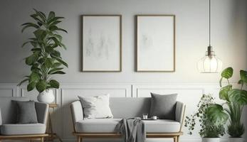 Mockup poster frame on the wall of living room. Luxurious apartment background with contemporary design. Modern interior design. 3D render, 3D illustration, Generate Ai photo