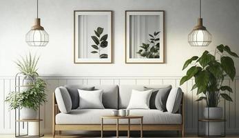 Mockup poster frame on the wall of living room. Luxurious apartment background with contemporary design. Modern interior design. 3D render, 3D illustration, Generate Ai photo