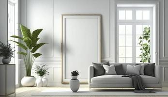 Mockup poster frame on the wall of living room. Luxurious apartment background with contemporary design. Modern interior design. 3D render, 3D illustration, Generate Ai photo