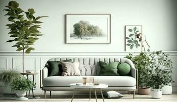 Mockup poster frame on the wall of living room. Luxurious apartment background with contemporary design. Modern interior design. 3D render, 3D illustration, Generate Ai photo