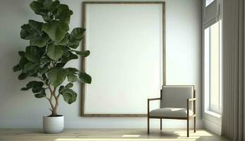 Mockup poster frame on the wall of living room. Luxurious apartment background with contemporary design. Modern interior design. 3D render, 3D illustration, Generate Ai photo