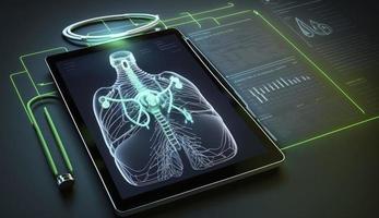 cerca arriba de un estetoscopio y digital tableta con virtual electrónico médico grabar de paciente en interfaz. digital cuidado de la salud y red en moderno virtual pantalla, generar ai foto