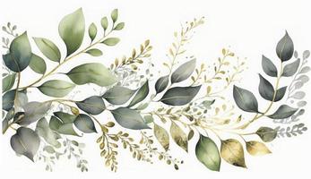 Watercolor seamless border - illustration with green gold leaves and branches, for wedding stationary, greetings, wallpapers, fashion, backgrounds, textures, DIY, wrappers, cards, Generate Ai photo