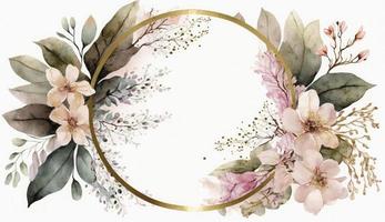 Watercolor floral illustration set - bouquets, frame, border. flowers, rose, peony, leaf branches collection. Wedding invites, wallpapers, fashion. Eucalyptus olive leaves chamomile, Generate Ai photo