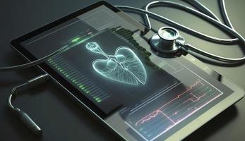 cerca arriba de un estetoscopio y digital tableta con virtual electrónico médico grabar de paciente en interfaz. digital cuidado de la salud y red en moderno virtual pantalla, generar ai foto