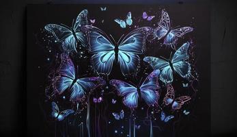 Night glowing butterflies on dark abstract background, Generate Ai photo