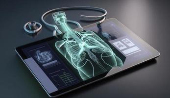 cerca arriba de un estetoscopio y digital tableta con virtual electrónico médico grabar de paciente en interfaz. digital cuidado de la salud y red en moderno virtual pantalla, generar ai foto