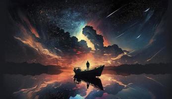 surreal scenery of the man on a boat in the outer space with stars and clouds in night and sunset time, digital art style, illustration painting, Generate Ai photo