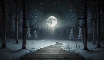 Dark abstract winter forest background. Wooden floor, snow, fog. Dark night background in the forest with moonlight. Night view, Generate Ai photo