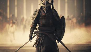 ilustración pintura un samurai con un katana soportes Listo a lucha en contra un enorme ejército. 3d ilustración. 3d ilustración, digital Arte estilo, generar ai foto