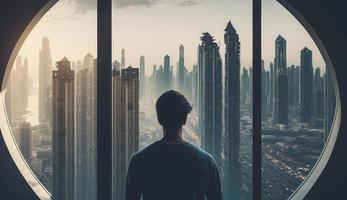 negocio hombre mirando fuera mediante el oficina balcón visto mediante vaso ventana. joven hombre mirando a dubai ciudad mediante hotel ventana, generar ai foto