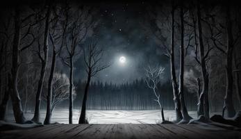 Dark abstract winter forest background. Wooden floor, snow, fog. Dark night background in the forest with moonlight. Night view, Generate Ai photo