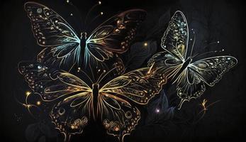 Night glowing butterflies on dark abstract background, Generate Ai photo