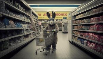 Easter bunny buys Easter eggs in the supermarket. . photo