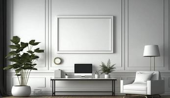 Mockup poster frame on the wall of living room. Luxurious apartment background with contemporary design. Modern interior design. 3D render, 3D illustration, Generate Ai photo