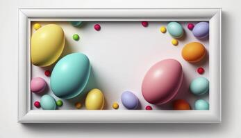 Colorful Easter Eggs with white frame copy space , photo