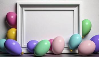 Colorful Easter Eggs with white frame copy space , photo