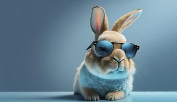 Happy cool rabbit funny with sunglasses on blue bakcground, Generate Ai photo