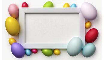 Colorful Easter Eggs with white frame copy space , photo