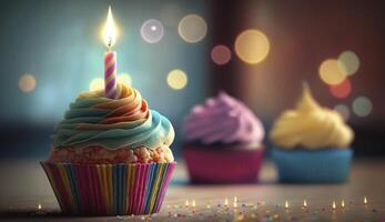 Sweet colorful birthday cupcakes and candle , photo