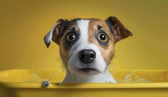 Curious interested dog looks into camera in bathtub, pets cleaning . Jack russell terrier closeup portrait on yellow background. Funny pet, Generate Ai photo